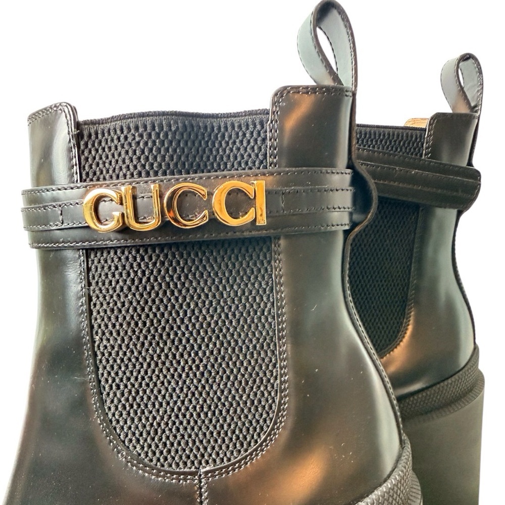 Gucci Women’s Chelsea Leather Lug Boot w/ Gold Logo Strap Size-US 9/EUR 39 NIB - Picture 6 of 17